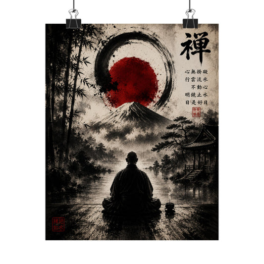 FUJI NOIR Zen Meditation Poster — Japanese Mountain & Enso Art Matte Vertical Print