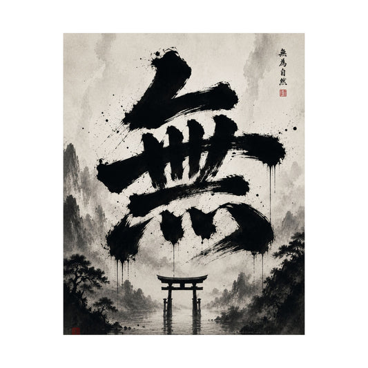 FUJI NOIR Matte Poster — Japanese Sumi-e 'Mu' Calligraphy with Torii Gate (Zen Wall Art)