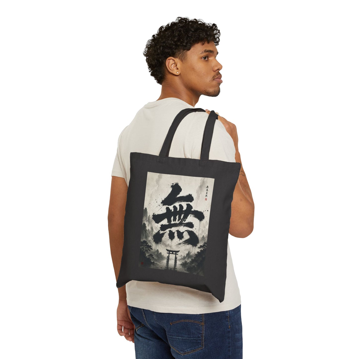 Japanese Kanji 'Mu' Canvas Tote Bag — Zen Calligraphy Torii Mountain Design