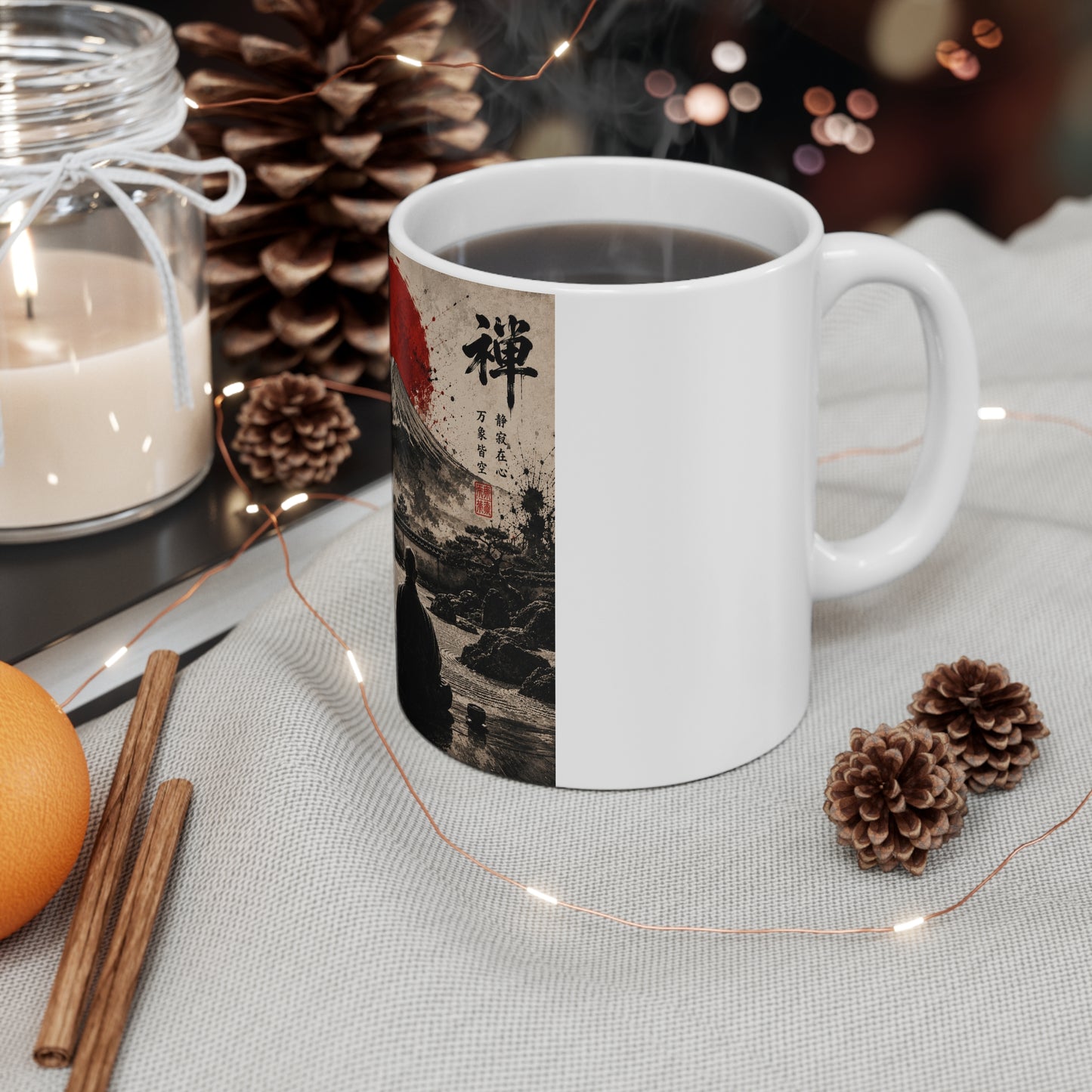 Zen Garden Mug — Mount Fuji, Red Sun & Meditating Silhouette 11oz