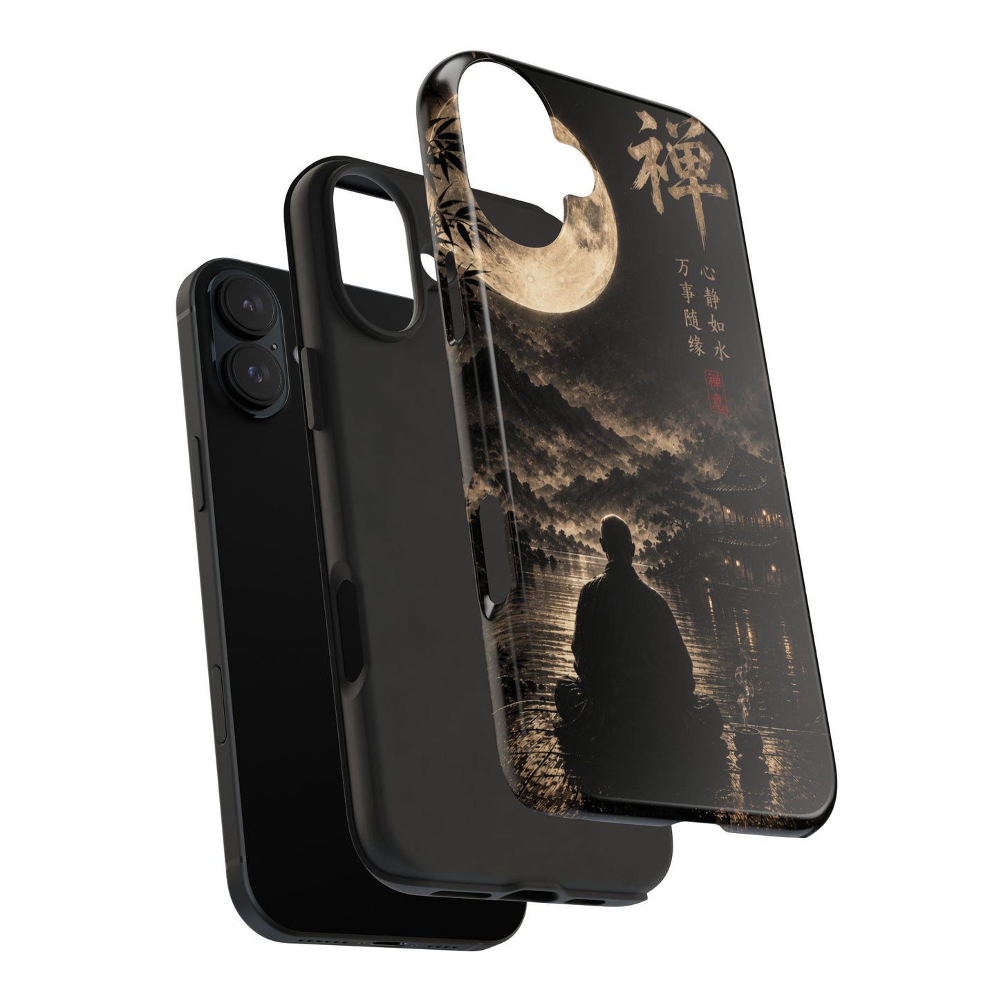 Zen Moon Tough Phone Case — Meditating Silhouette with Japanese Calligraphy