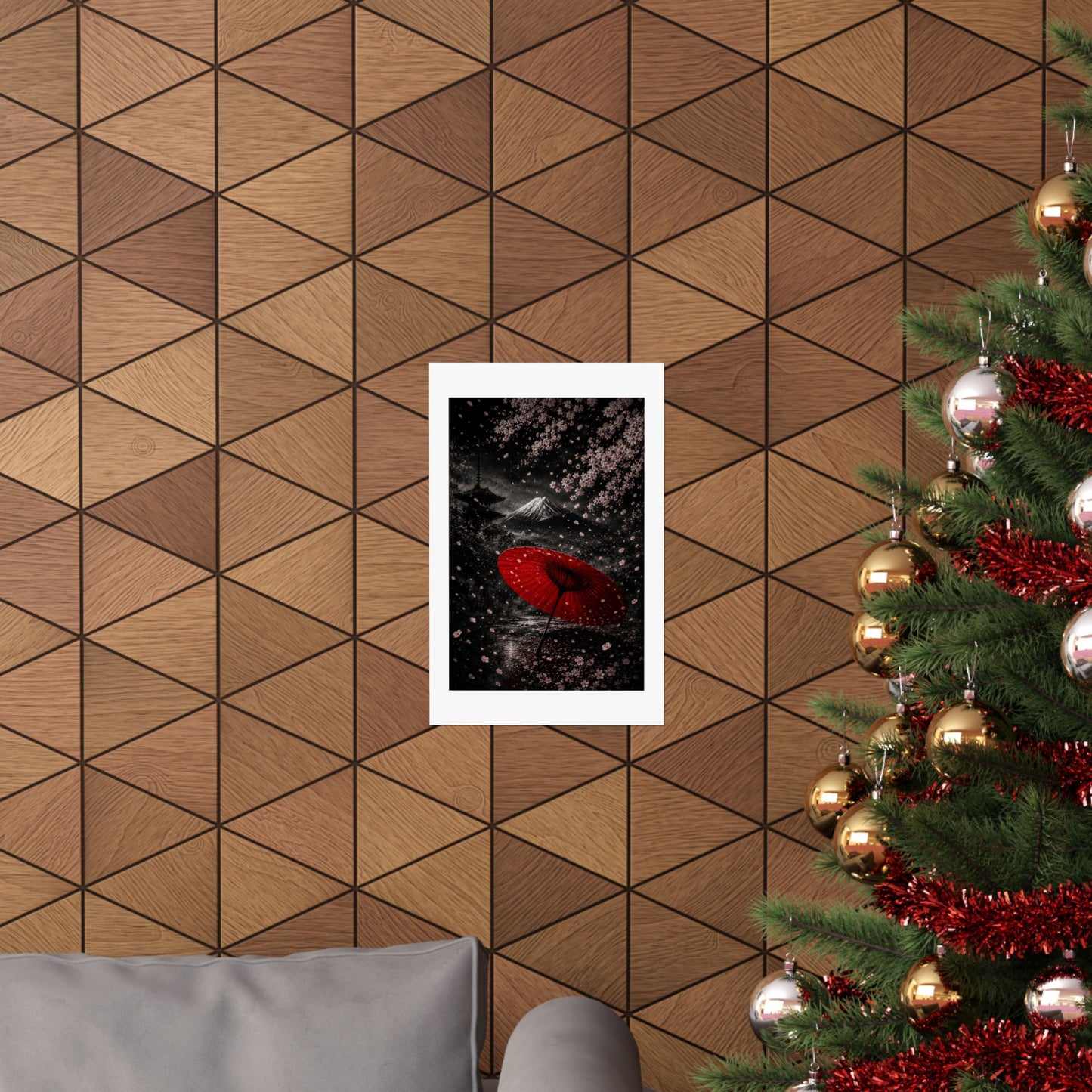 Japanese Cherry Blossom Poster — Red Umbrella & Mt. Fuji Matte Vertical Art