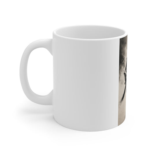 11oz Ceramic Mug with Japanese Kanji Brushstroke Design — '魅' Zen Aesthetic Coffee Cup