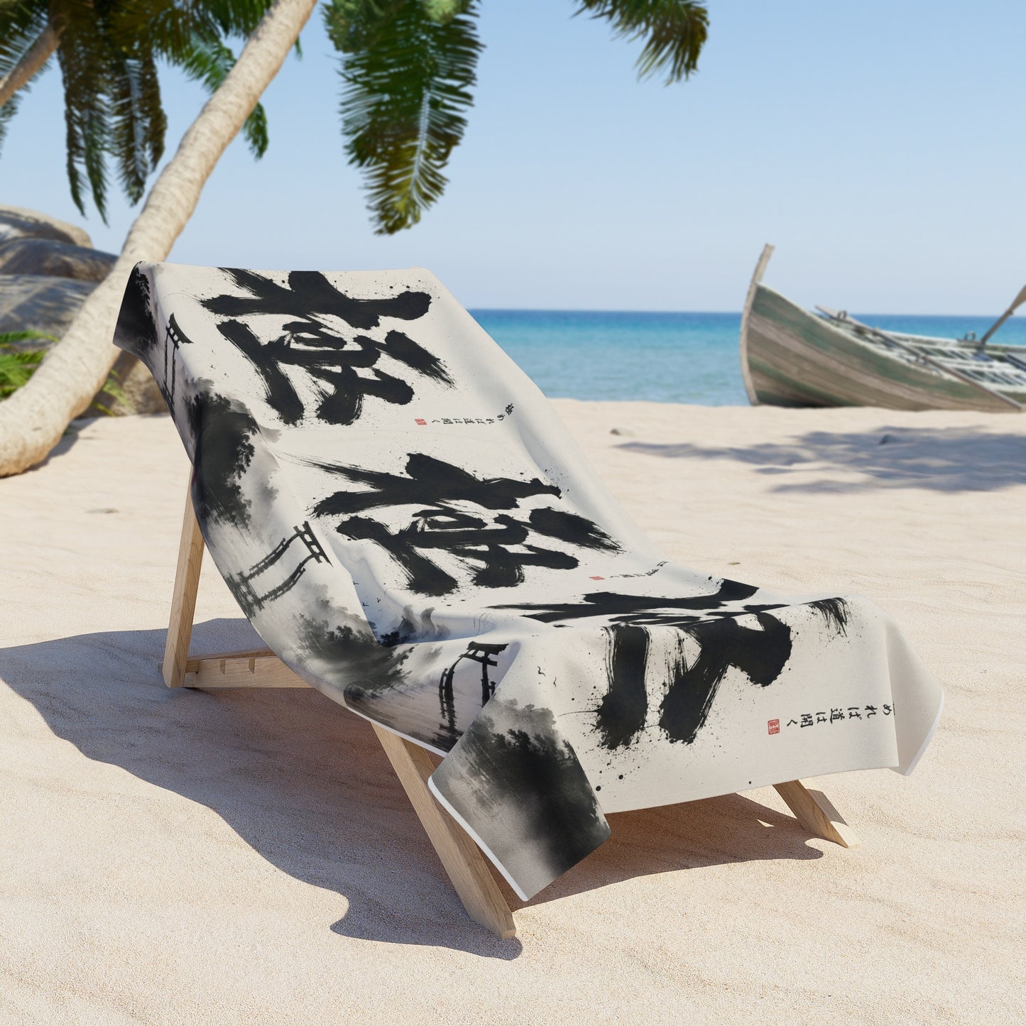 Japanese Calligraphy Beach Towel – Zen Ink Torii Design