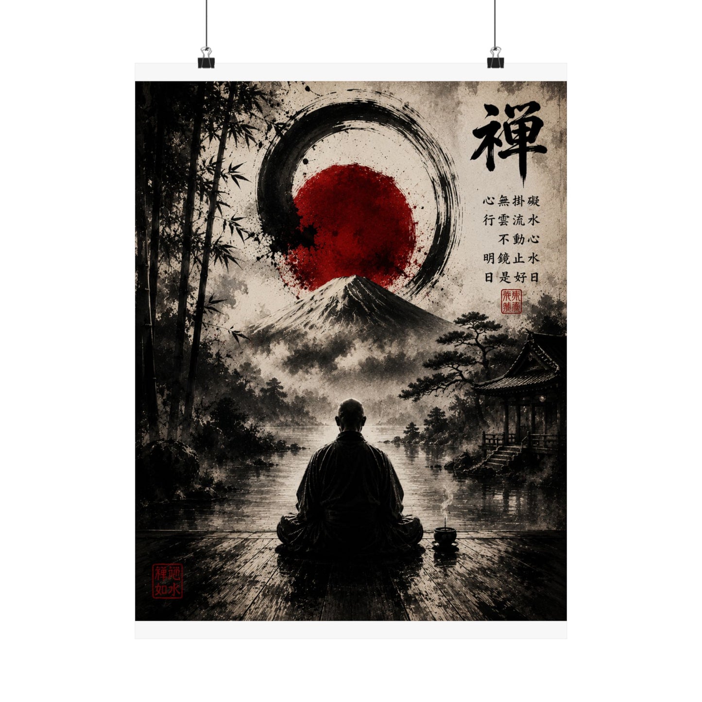 FUJI NOIR Zen Meditation Poster — Japanese Mountain & Enso Art Matte Vertical Print