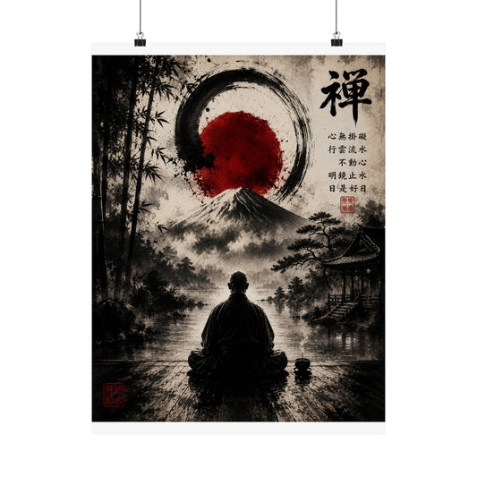 FUJI NOIR Zen Meditation Poster — Japanese Mountain & Enso Art Matte Vertical Print