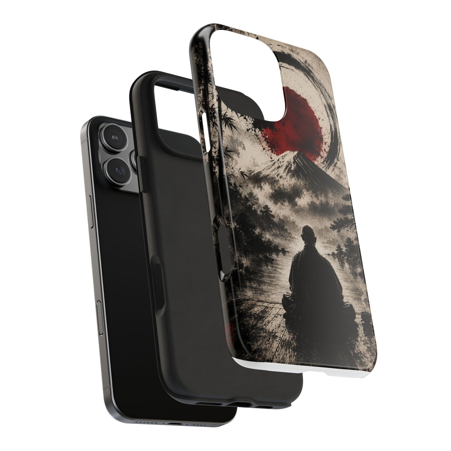 Zen Samurai Phone Case — Japanese Ink Mountain with Rising Sun Tough Protective Cover