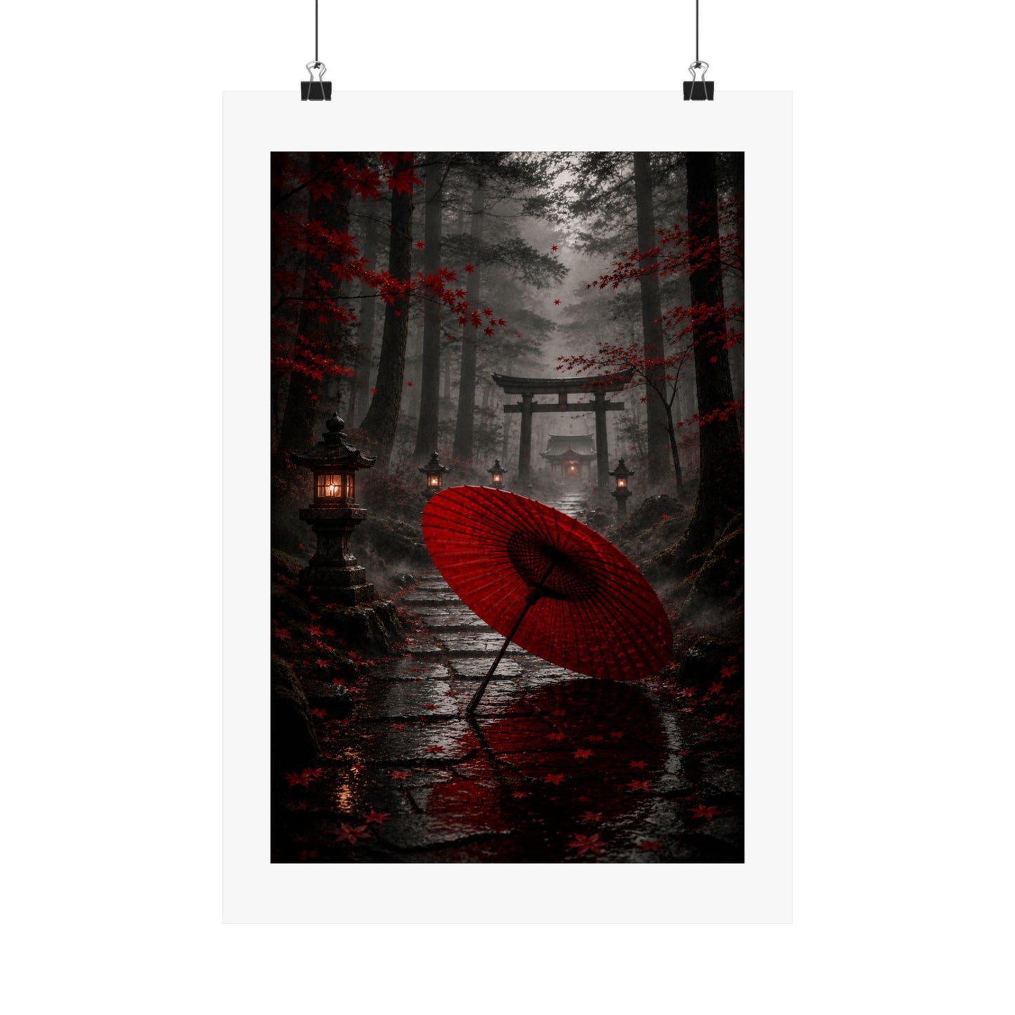 Japanese Torii Forest Poster — Red Umbrella Matte Vertical Art Print
