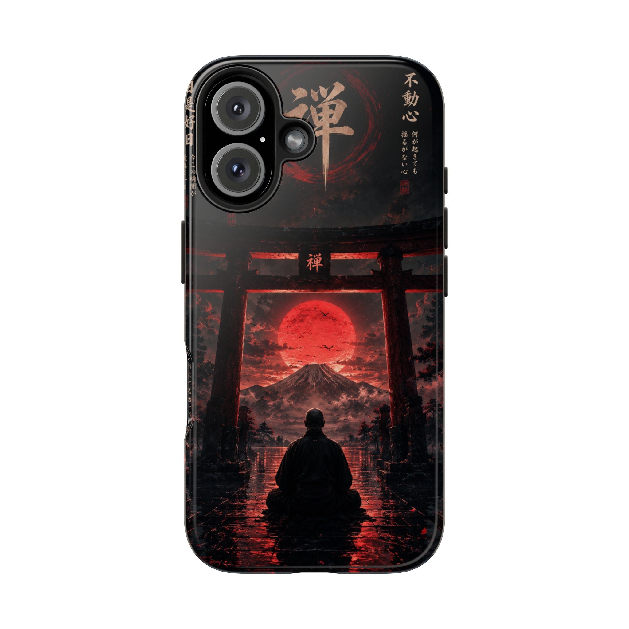 Tough Phone Case — Samurai Silhouette at Red Rising Sun (Japanese Torii, Meditative Design)