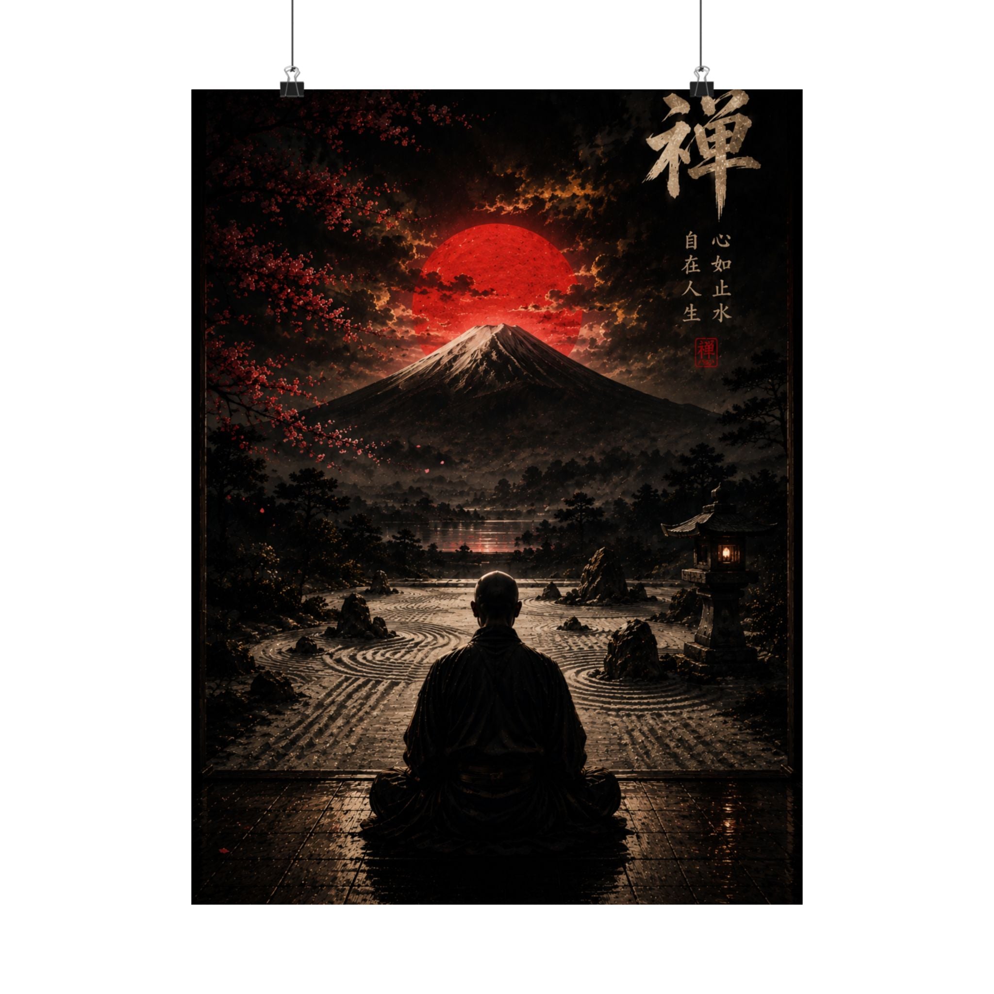 Zen Meditation Poster — Mount Fuji with Red Sun Matte Vertical Art