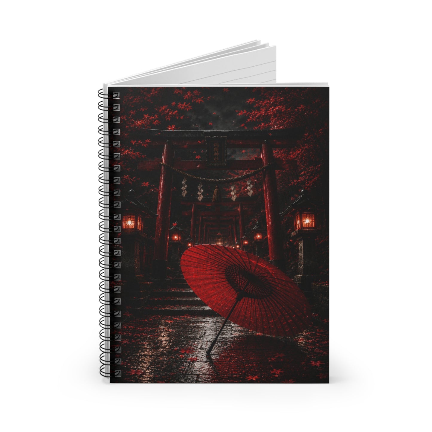 Japanese Red Umbrella Spiral Notebook — Sakura Torii Shrine Journal (Ruled)