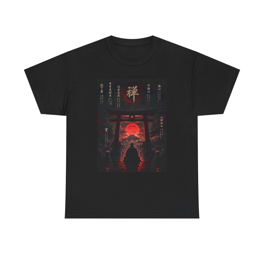 Zen Gate Sunset T-Shirt — Samurai Silhouette Red Moon Graphic Tee