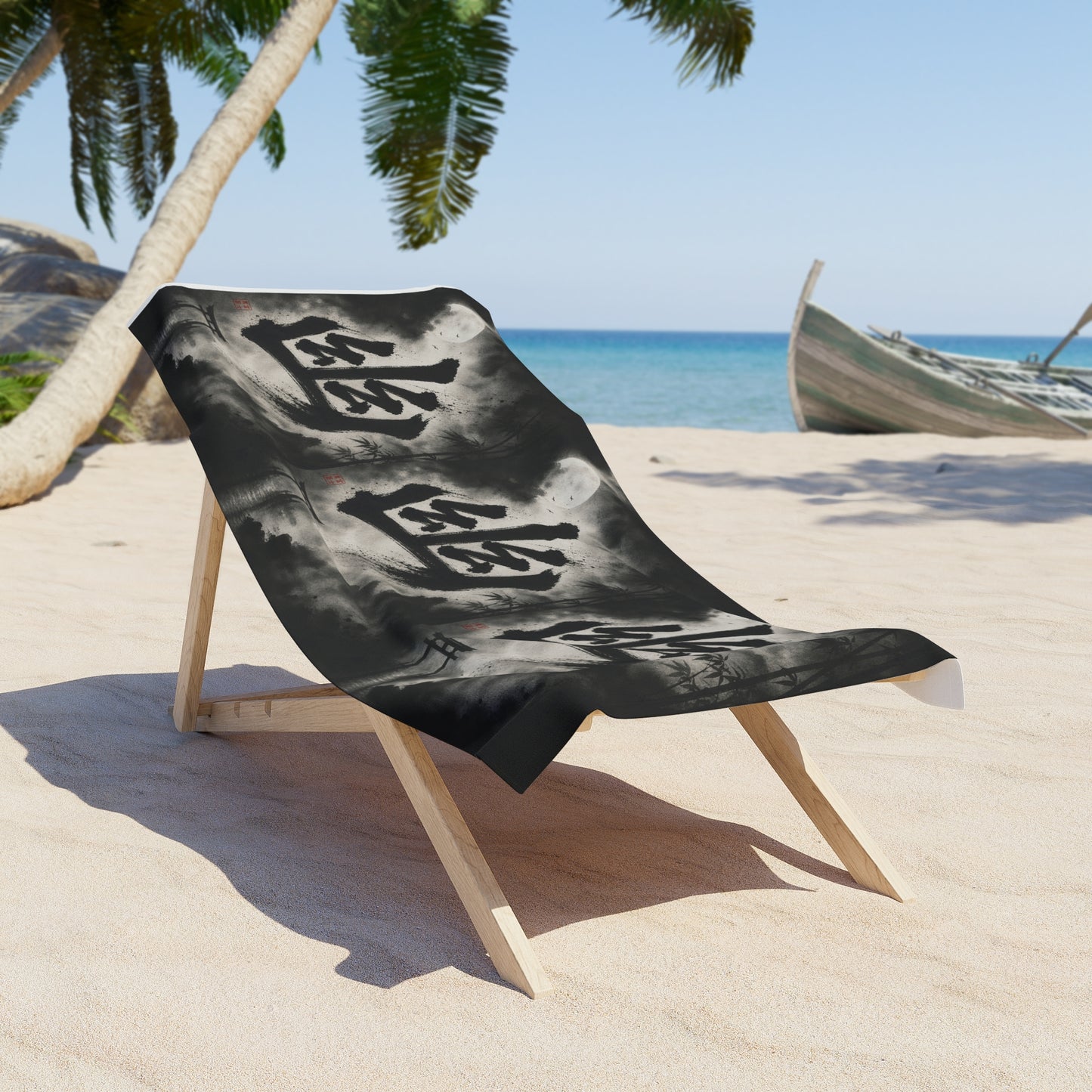 Japanese Kanji 'Ghost' Beach Towel – Moonlit Samurai Gothic Design