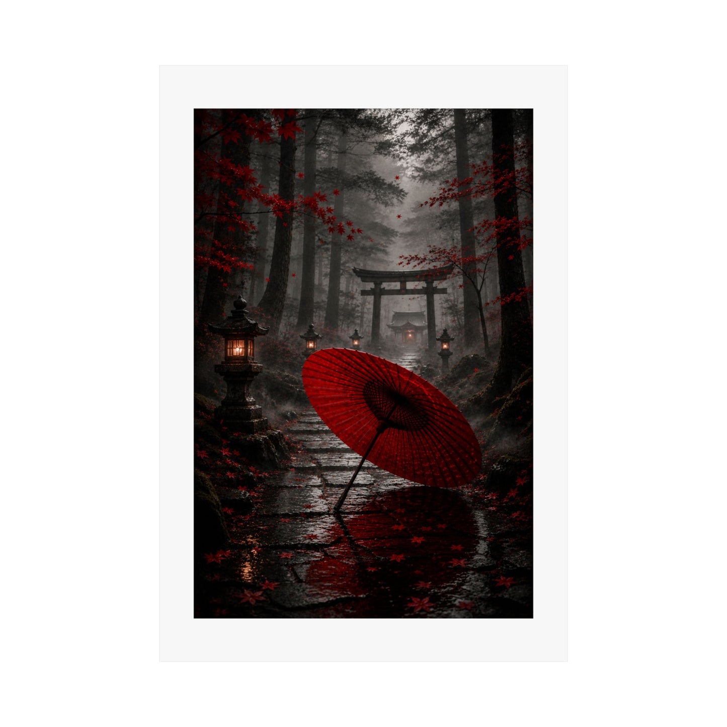 Japanese Torii Forest Poster — Red Umbrella Matte Vertical Art Print