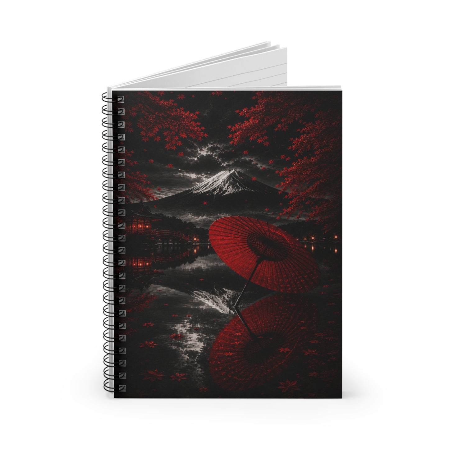 Japanese Umbrella & Mt. Fuji Spiral Notebook — Red Maple Night Journal (Ruled)