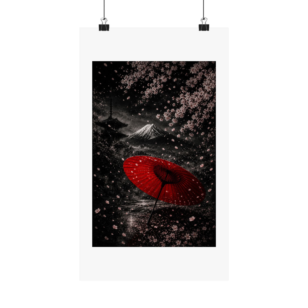 Japanese Cherry Blossom Poster — Red Umbrella & Mt. Fuji Matte Vertical Art