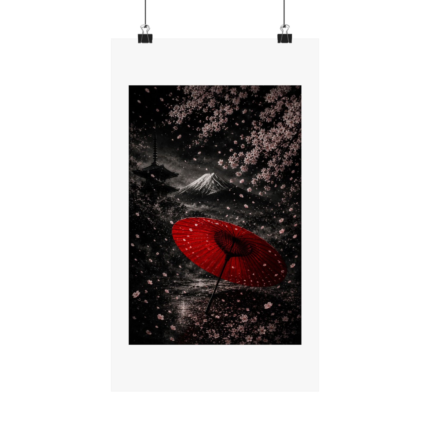 Japanese Cherry Blossom Poster — Red Umbrella & Mt. Fuji Matte Vertical Art