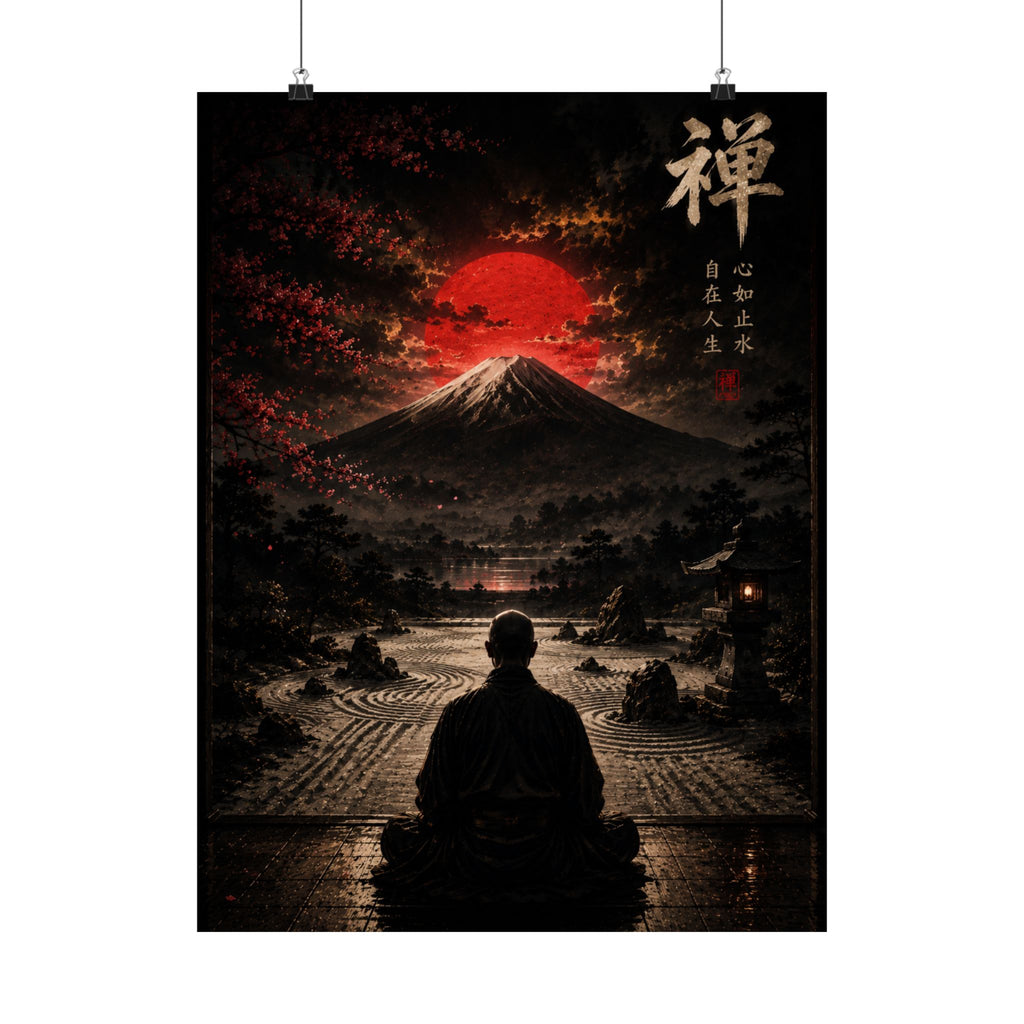 Zen Mountain Poster — Meditating Monk at Mount Fuji with Red Sun (Matte Vertical)