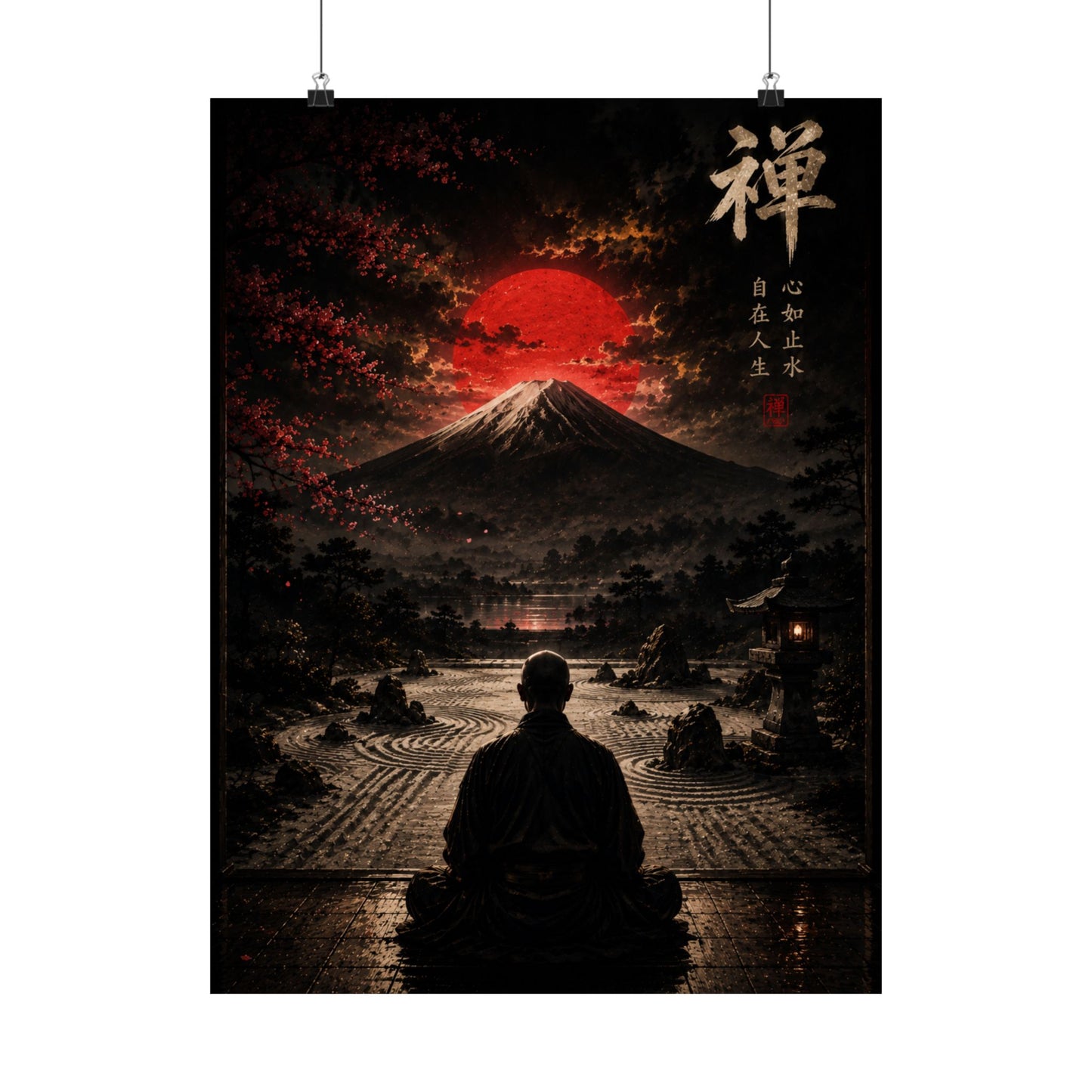 Zen Mountain Poster — Meditating Monk at Mount Fuji with Red Sun (Matte Vertical)