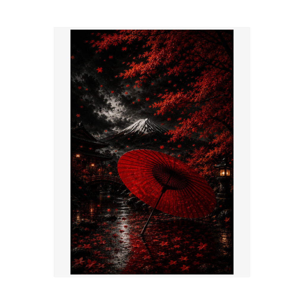 Red Umbrella Autumn Poster — Matte Vertical Japanese Landscape Print