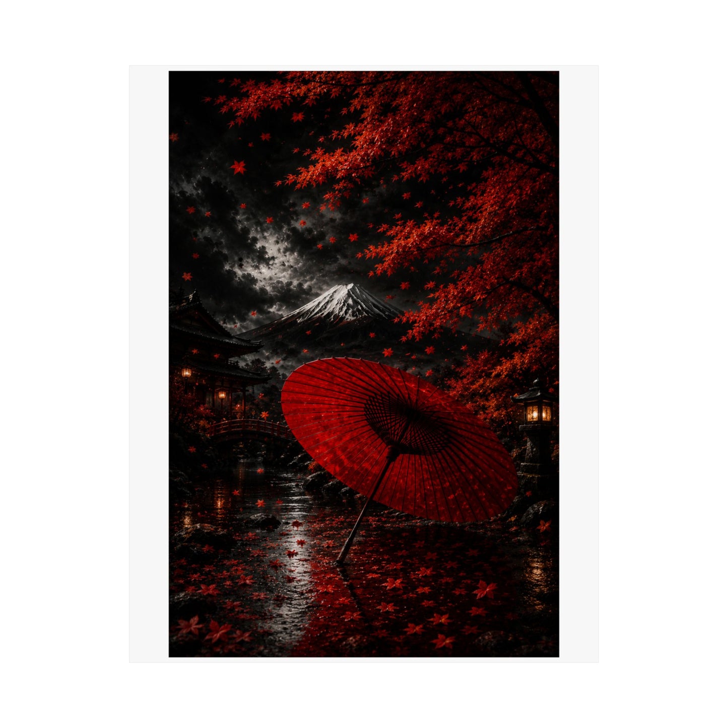 Red Umbrella Autumn Poster — Matte Vertical Japanese Landscape Print
