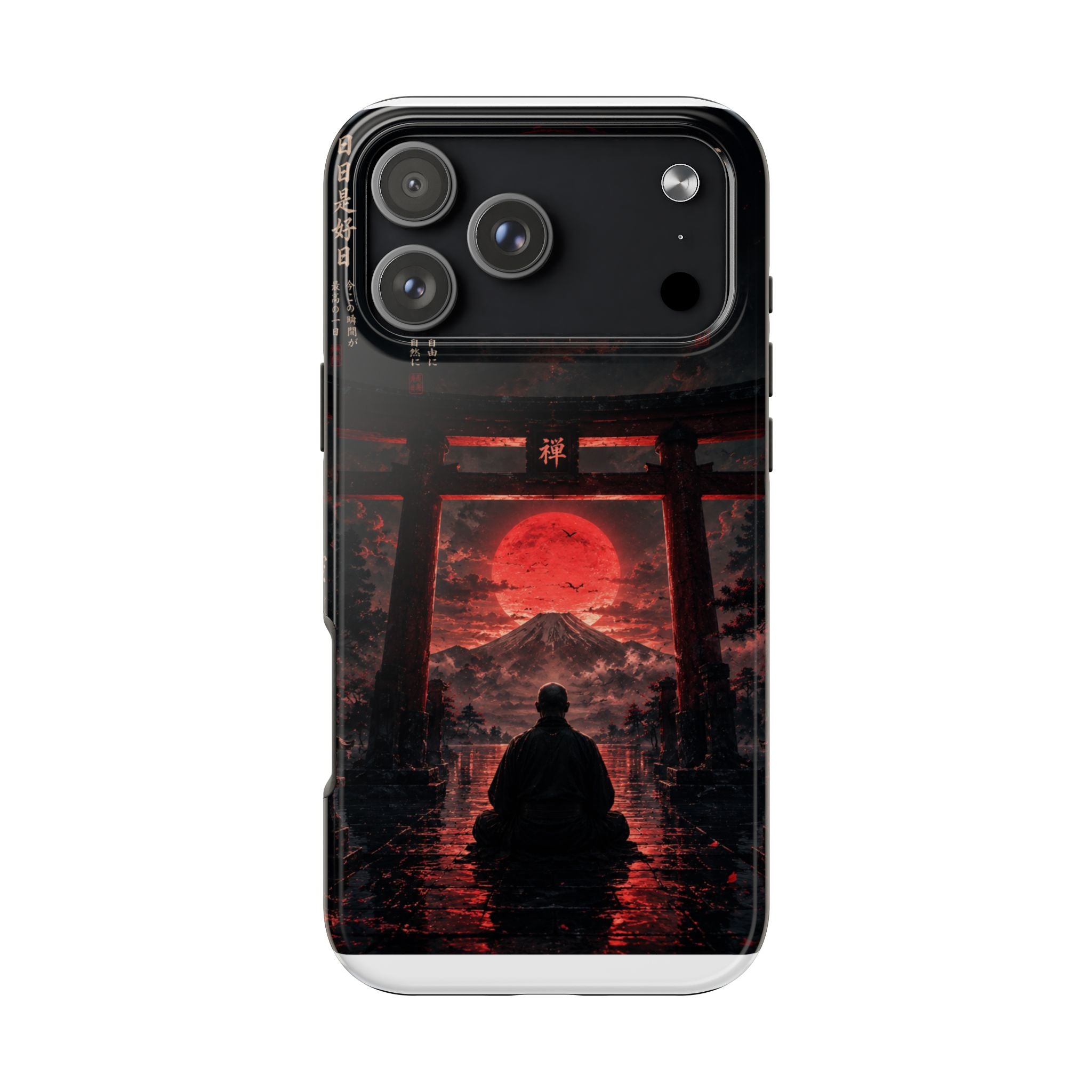Tough Phone Case — Samurai Silhouette at Red Rising Sun (Japanese Torii, Meditative Design)