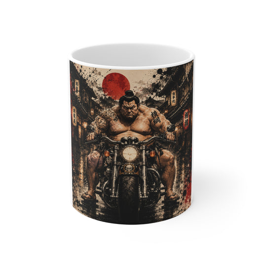 Samurai Biker Mug — Vintage Japanese Street Art Coffee Cup (11oz)