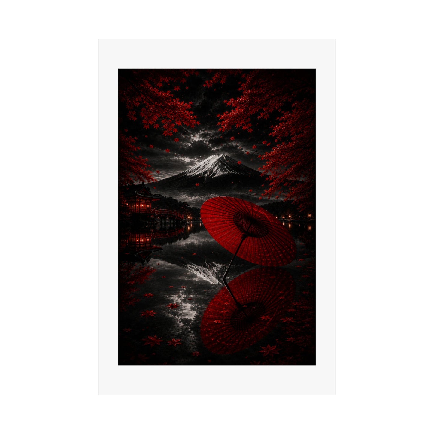 Japanese Red Umbrella & Mount Fuji Matte Poster — Vertical Wall Art