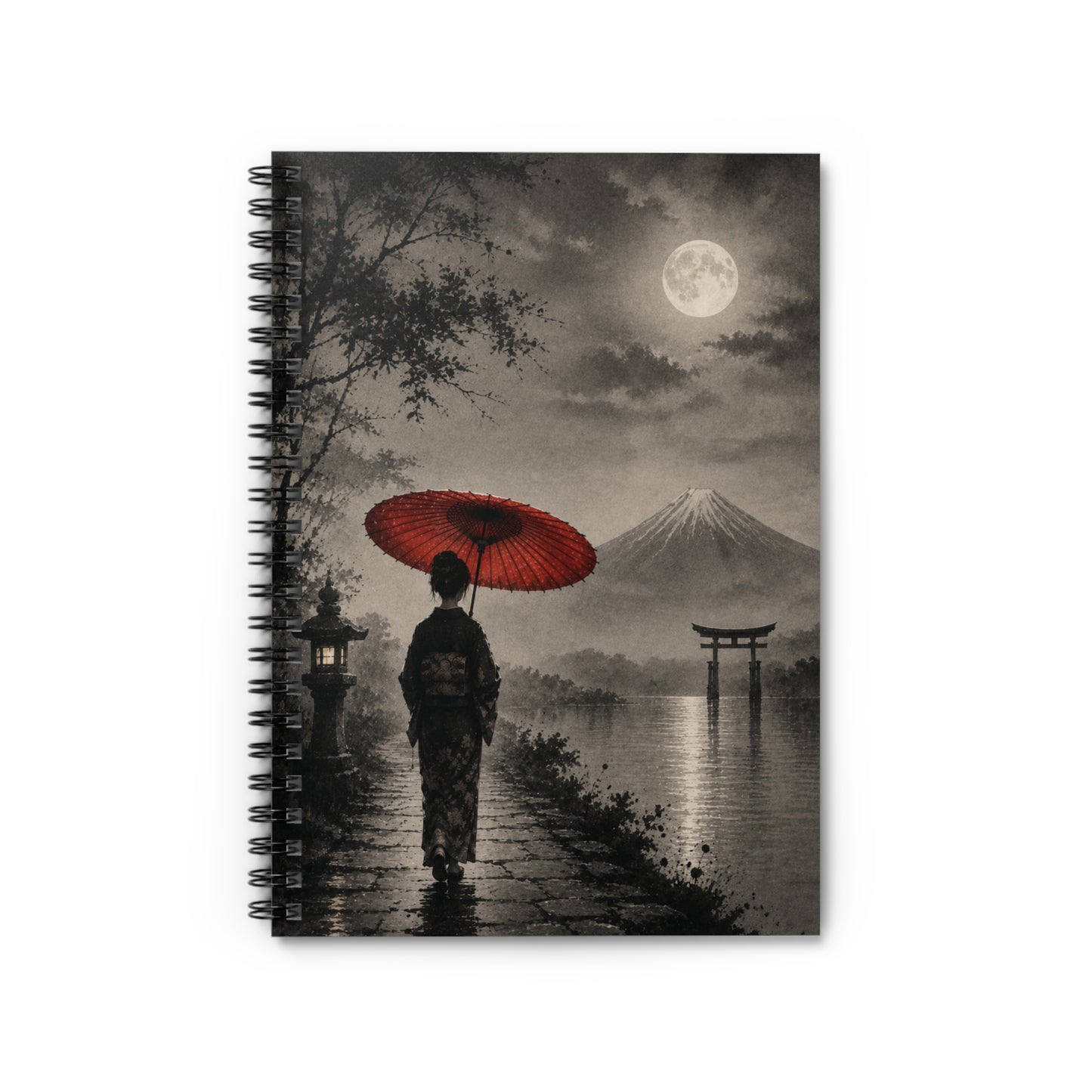 Moonlit Japanese Scene Spiral Notebook — Red Umbrella, Mount Fuji Journal