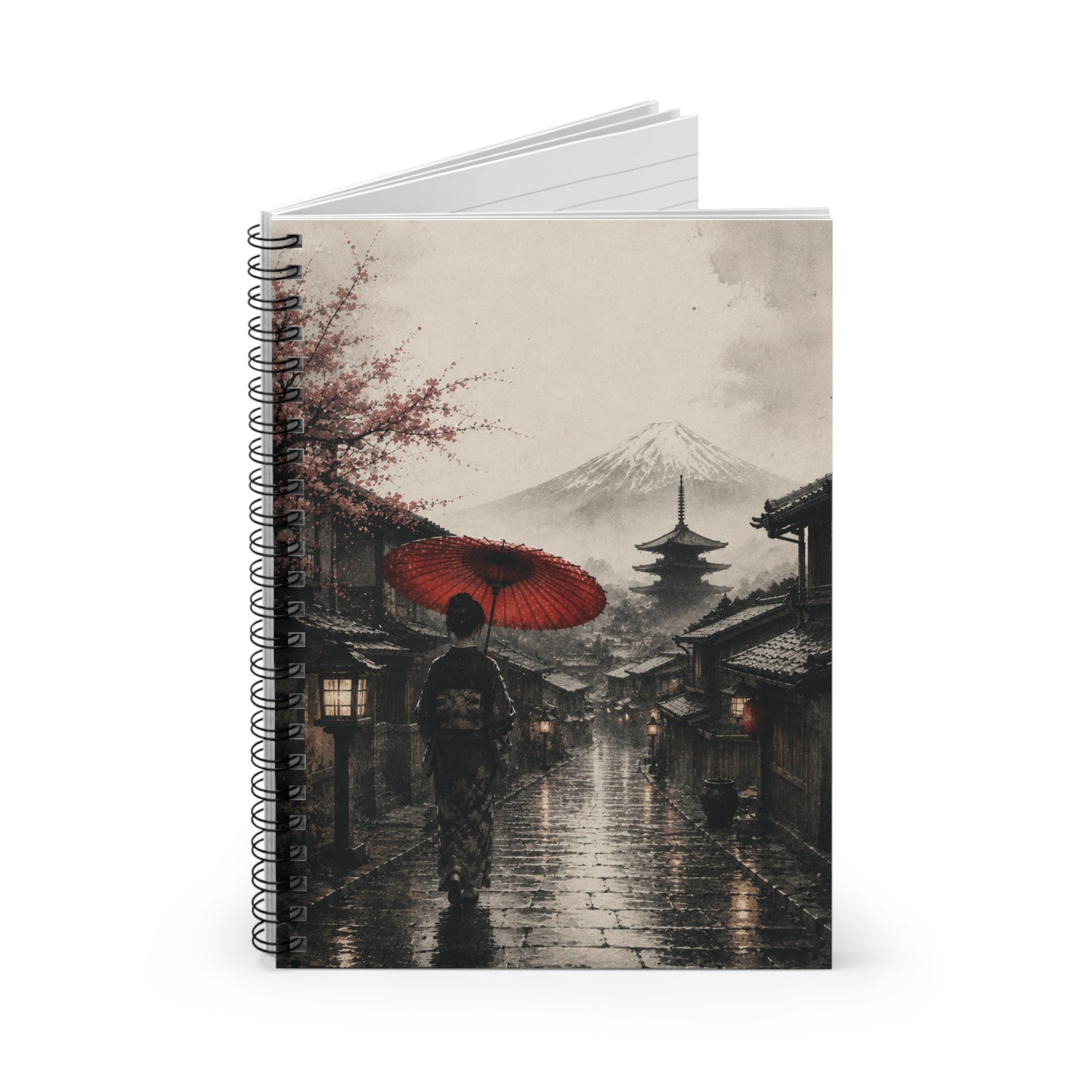 Japanese Street Scene Notebook — Sakura, Geisha & Mount Fuji Spiral Journal