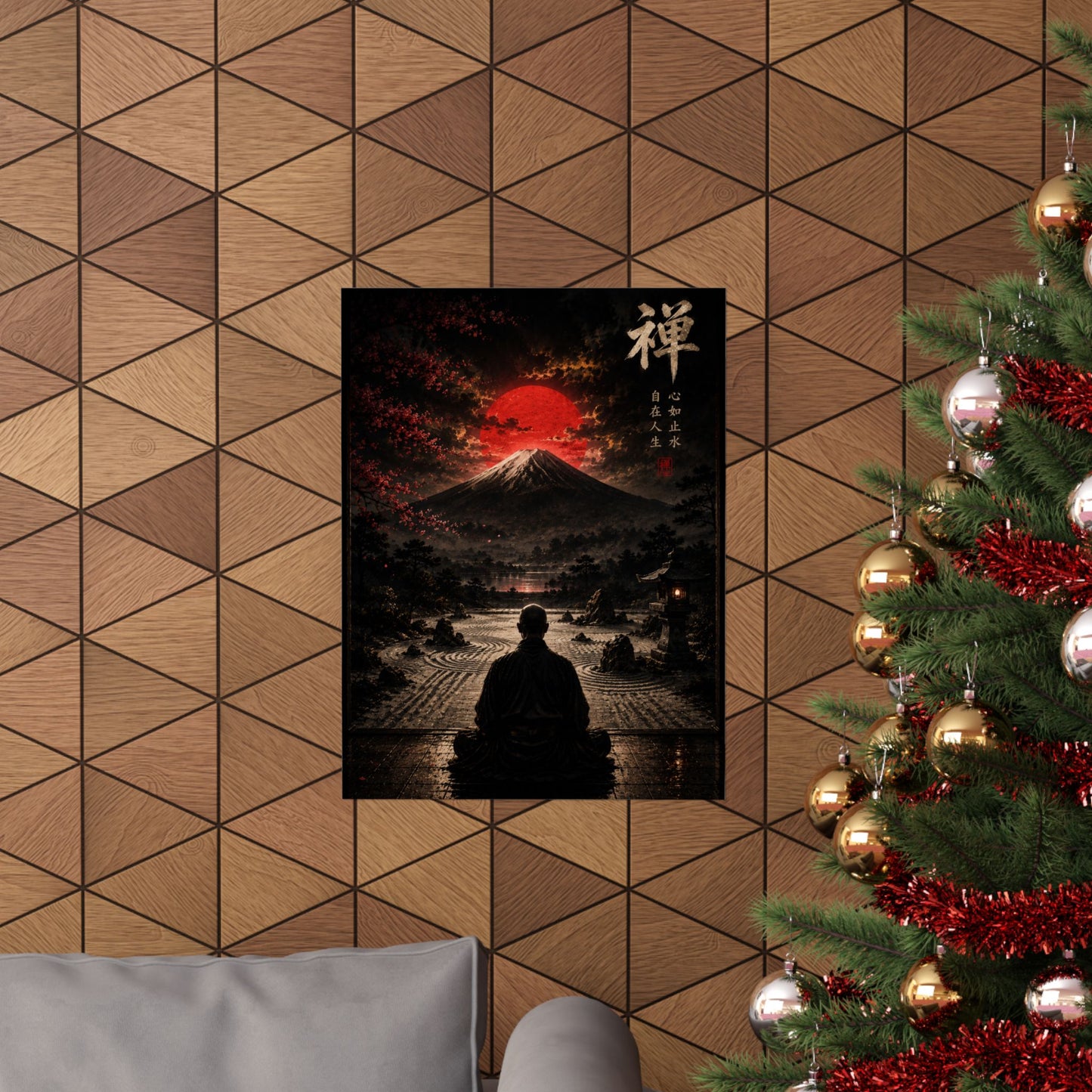 Zen Mountain Poster — Meditating Monk at Mount Fuji with Red Sun (Matte Vertical)