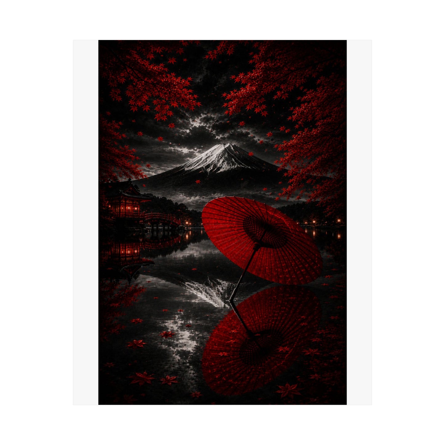 Japanese Red Umbrella & Mount Fuji Matte Poster — Vertical Wall Art