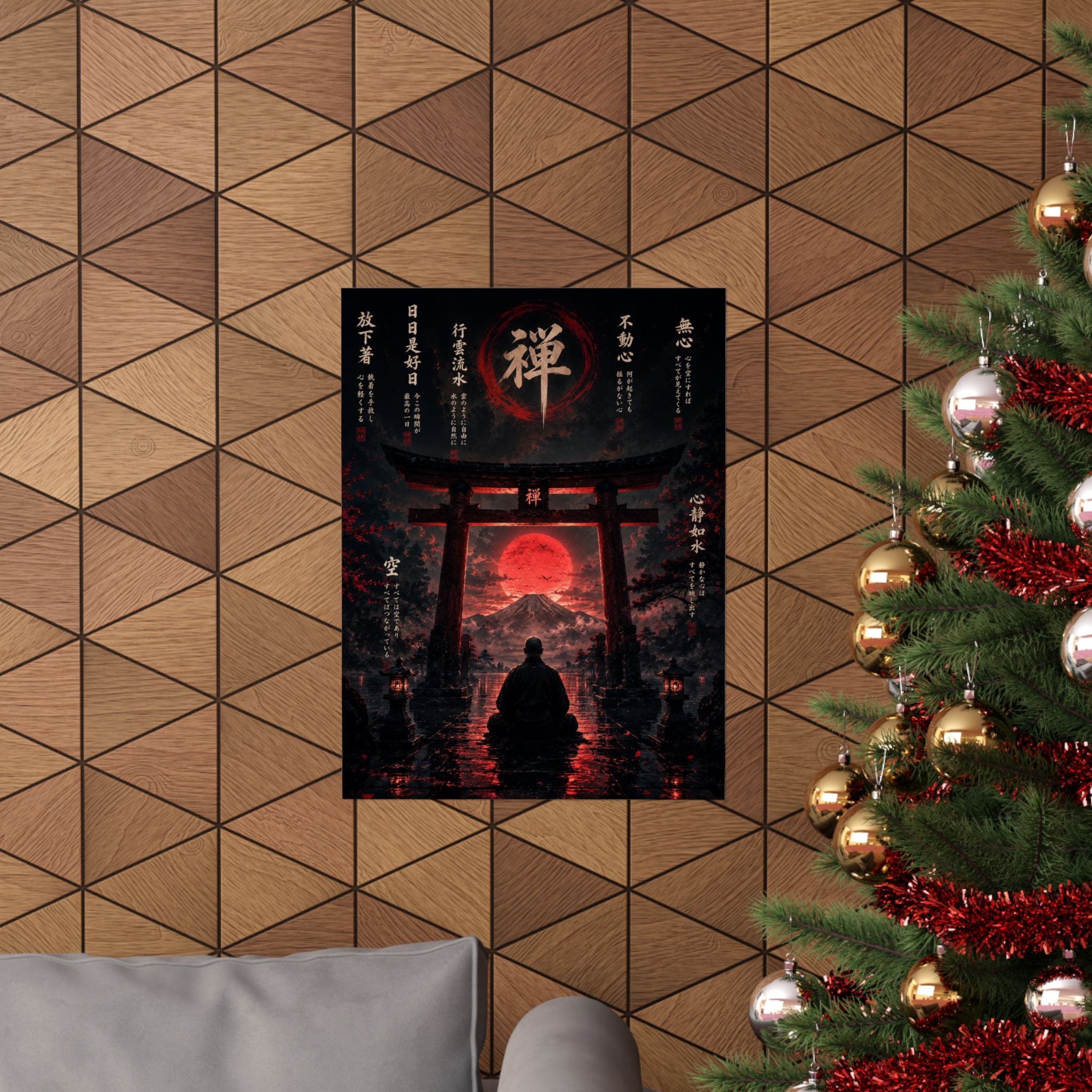 FUJI NOIR Zen Torii Poster — Meditative Samurai Sunset Matte Vertical Print