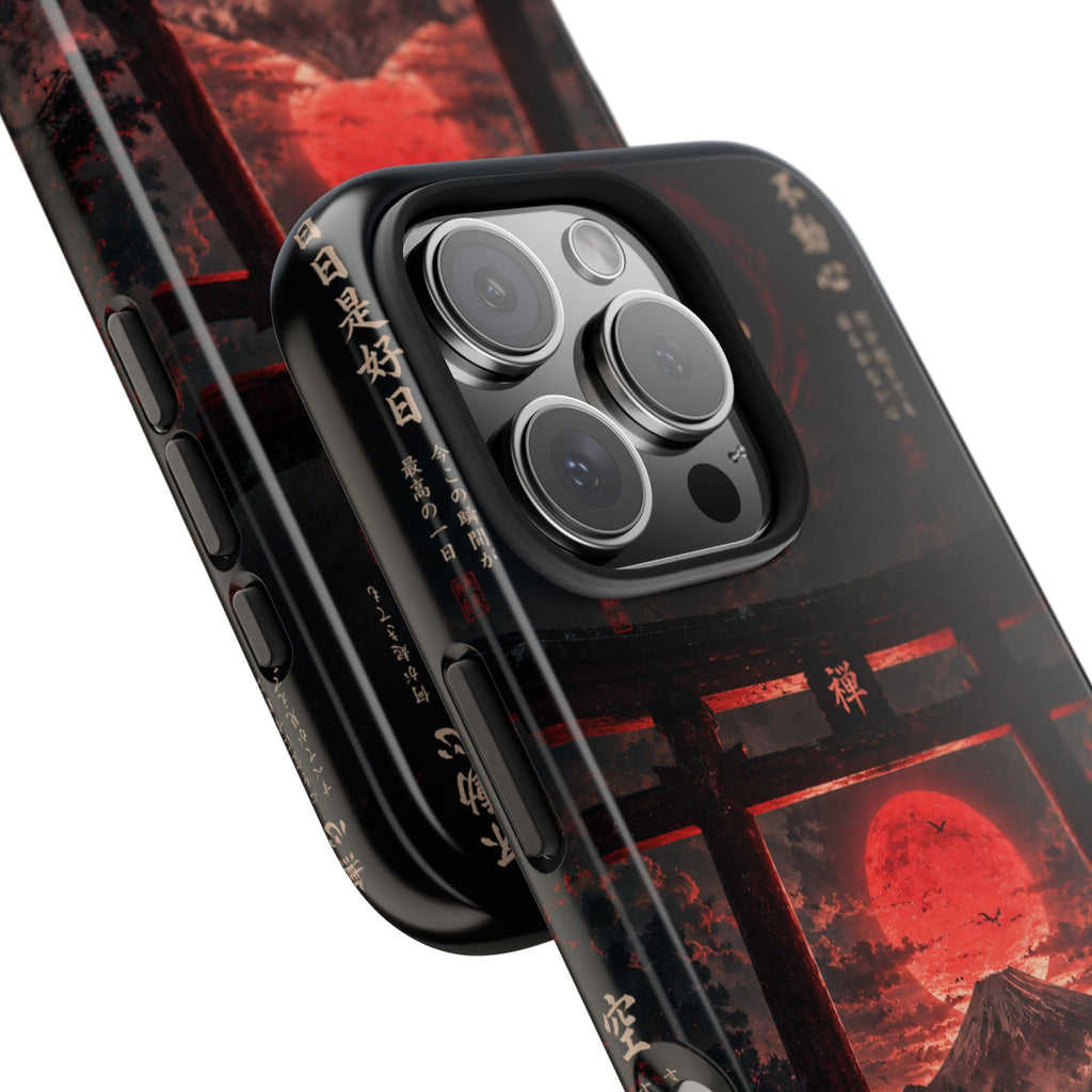 Tough Phone Case — Samurai Silhouette at Red Rising Sun (Japanese Torii, Meditative Design)