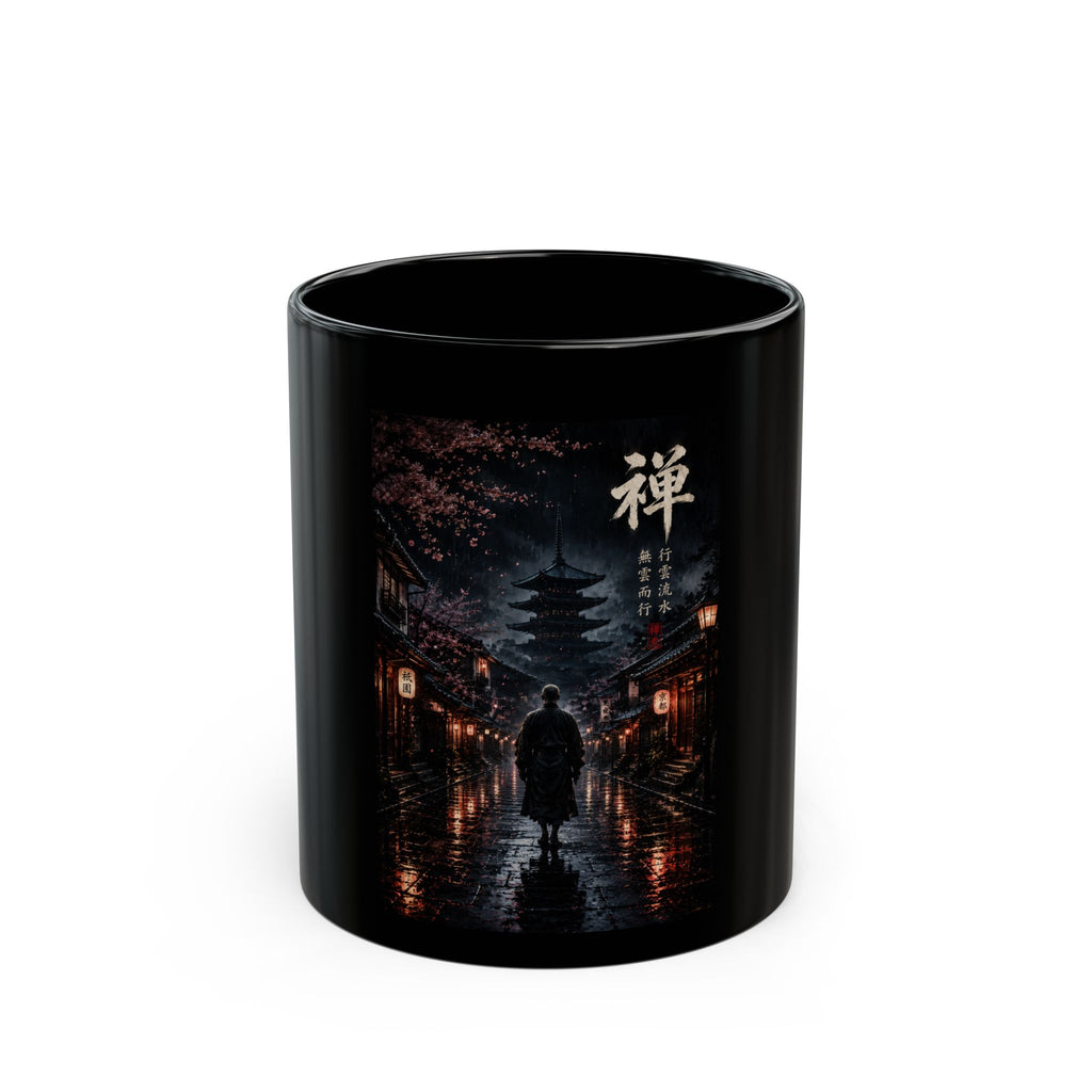 Zen Night Samurai Black Mug — Japanese Pagoda & Kanji Coffee Cup (11oz/15oz)