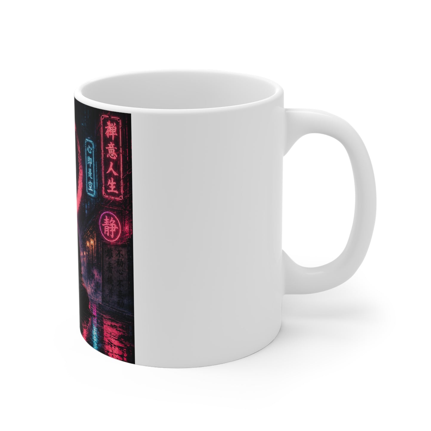 Zen Neon Mug — Meditating Monk with Pink Kanji Circle (11 oz)