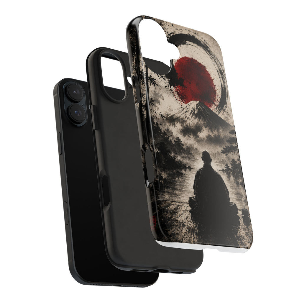 Zen Samurai Phone Case — Japanese Ink Mountain with Rising Sun Tough Protective Cover