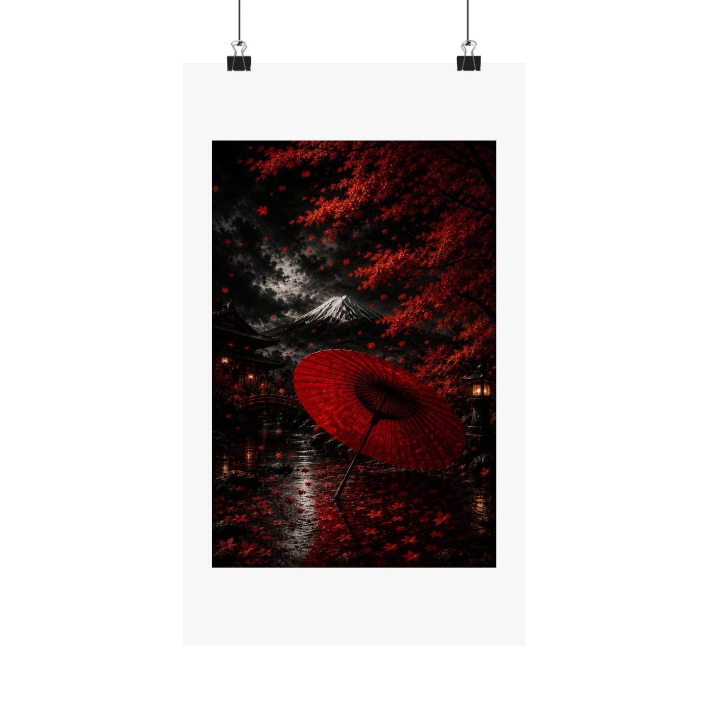 Red Umbrella Autumn Poster — Matte Vertical Japanese Landscape Print