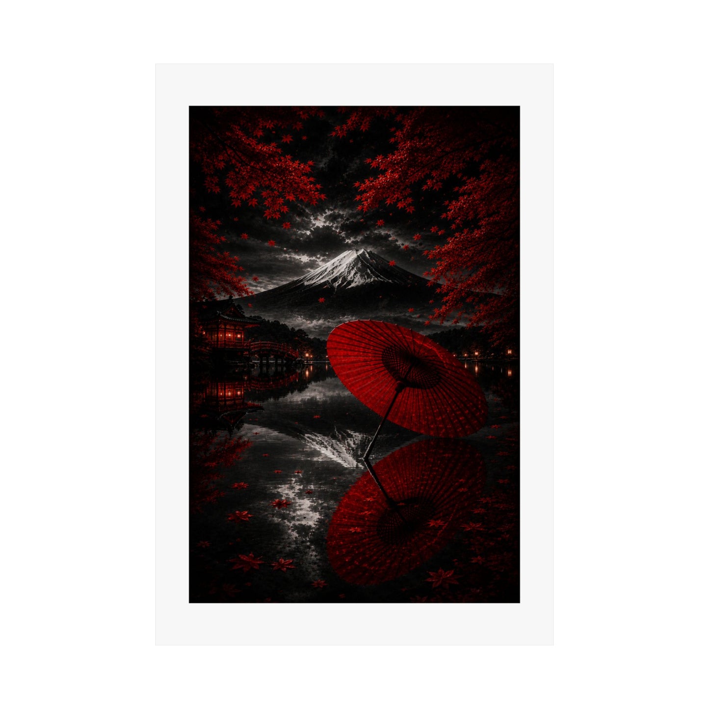 Japanese Red Umbrella & Mount Fuji Matte Poster — Vertical Wall Art