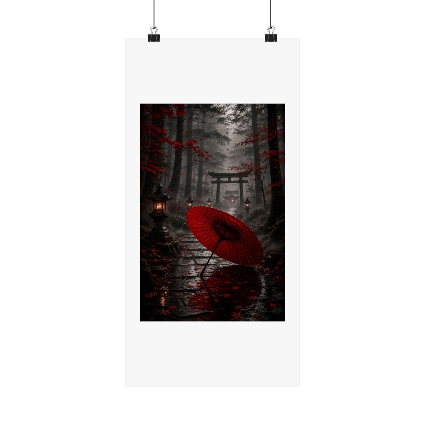 Japanese Torii Forest Poster — Red Umbrella Matte Vertical Art Print