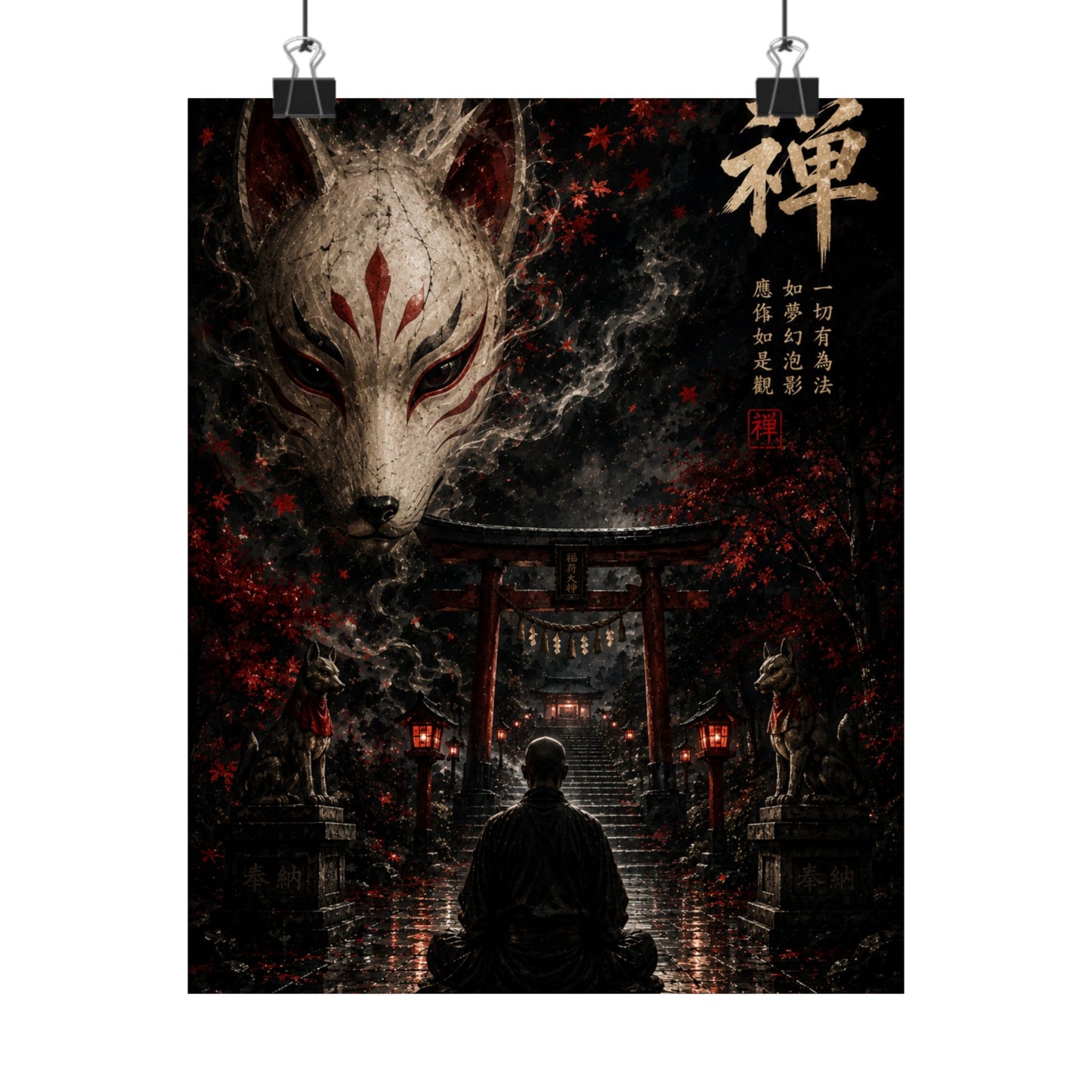 Zen Fox Shrine Matte Poster — Japanese Kitsune Meditation Art