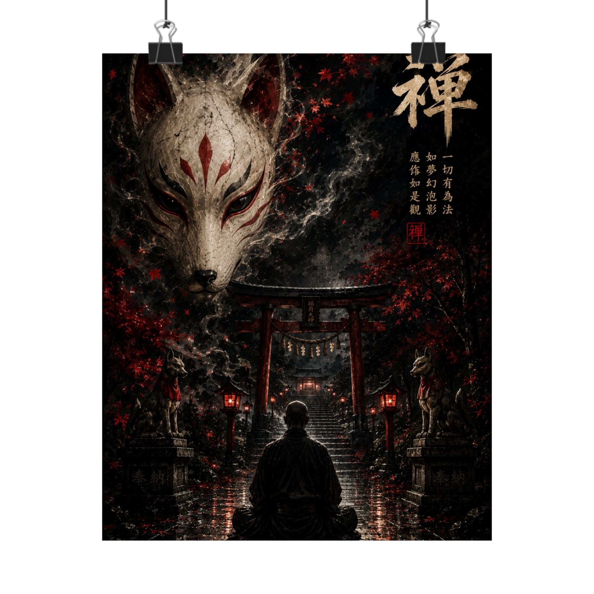 Zen Fox Shrine Matte Poster — Japanese Kitsune Meditation Art