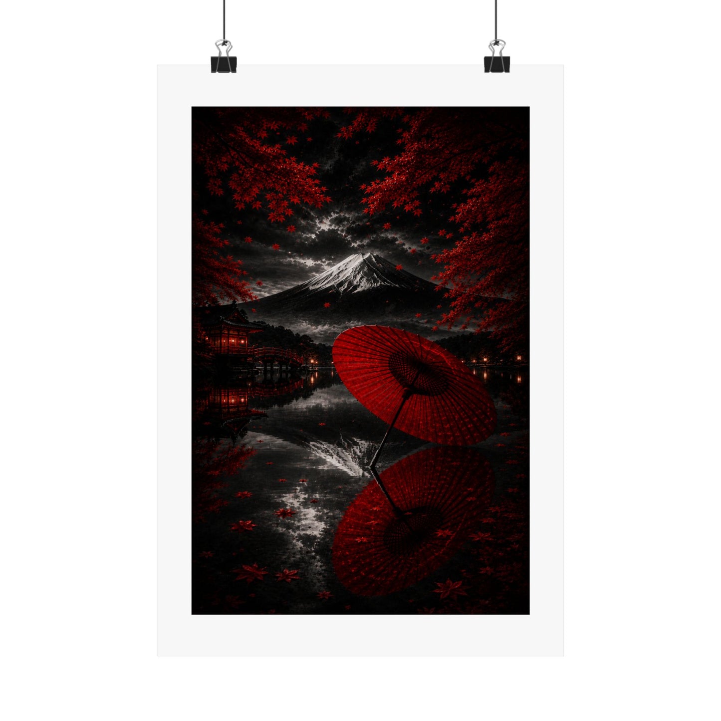 Japanese Red Umbrella & Mount Fuji Matte Poster — Vertical Wall Art