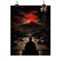 Zen Mountain Poster — Meditating Monk at Mount Fuji with Red Sun (Matte Vertical)
