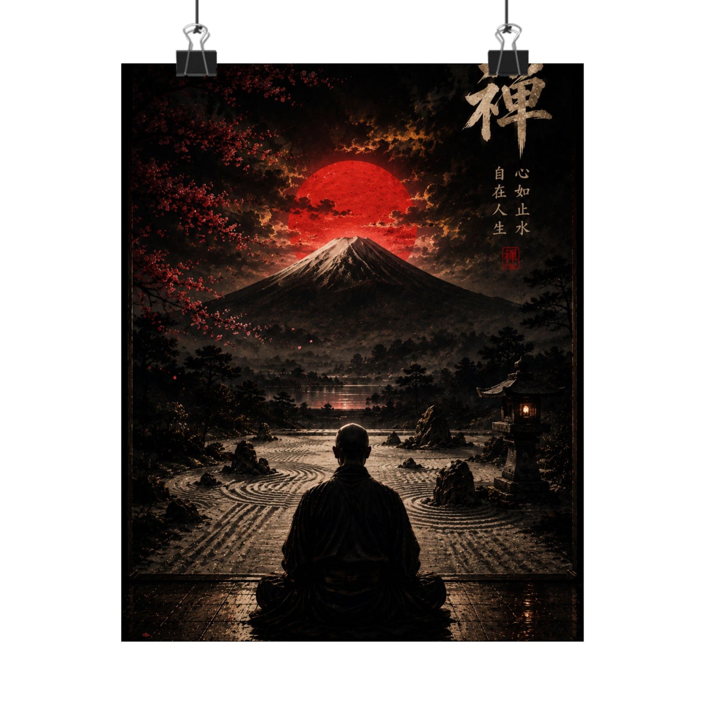 Zen Mountain Poster — Meditating Monk at Mount Fuji with Red Sun (Matte Vertical)