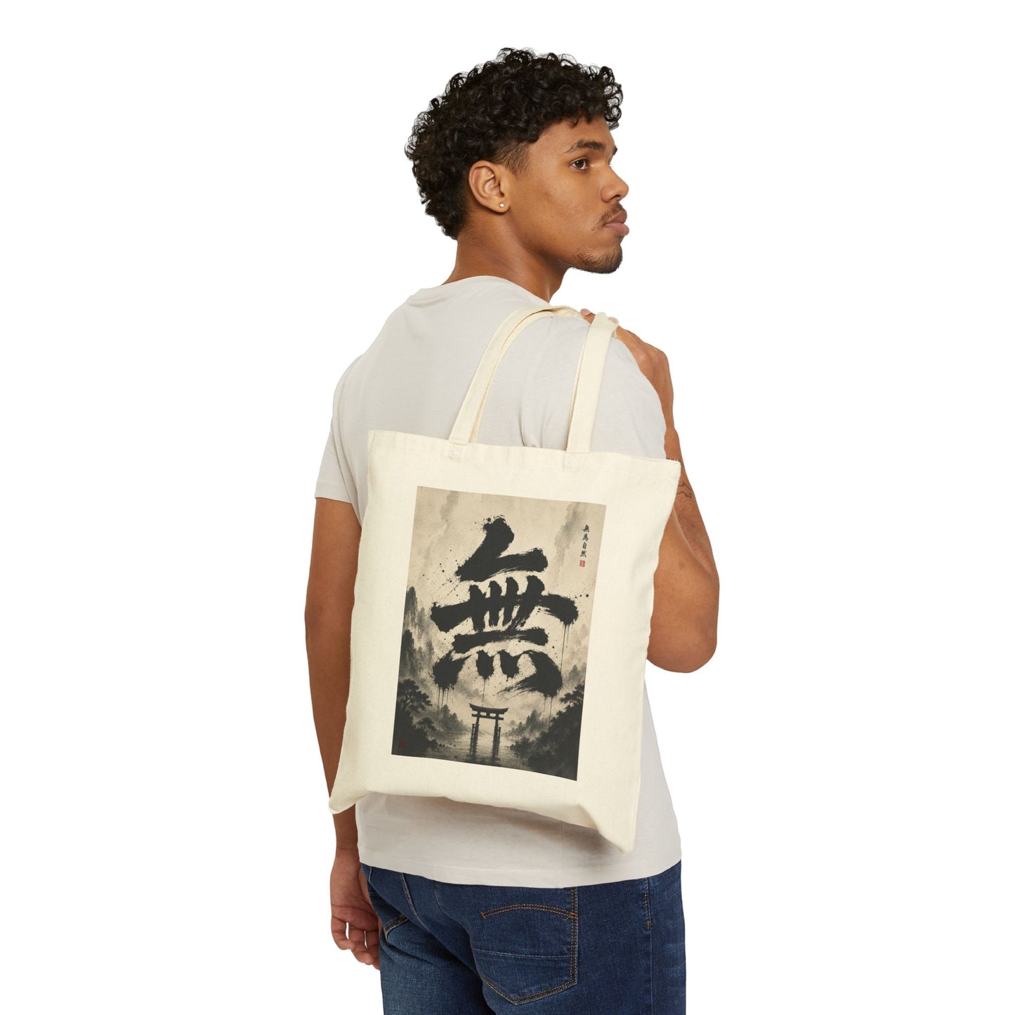 Japanese Kanji 'Mu' Canvas Tote Bag — Zen Calligraphy Torii Mountain Design
