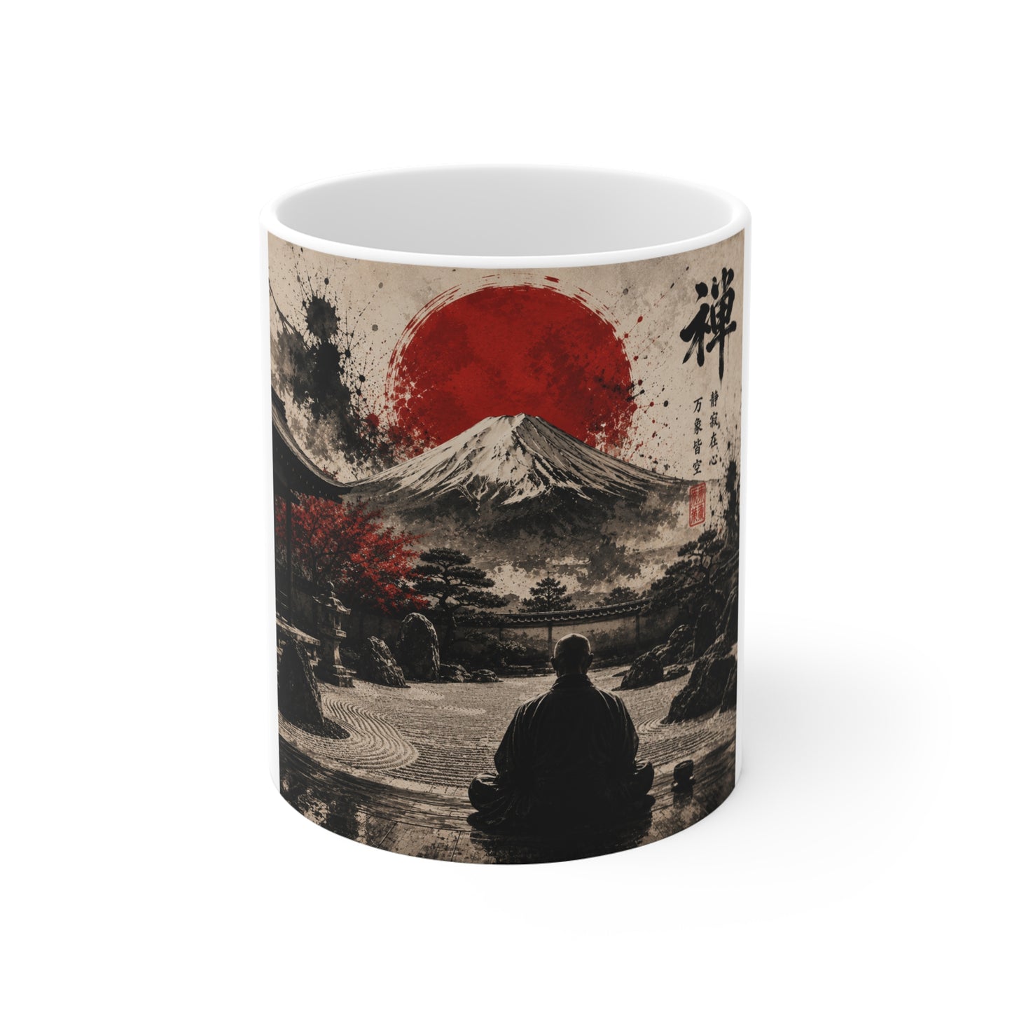 Zen Garden Mug — Mount Fuji, Red Sun & Meditating Silhouette 11oz