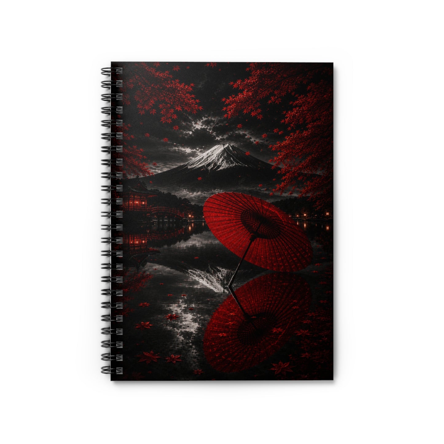 Japanese Umbrella & Mt. Fuji Spiral Notebook — Red Maple Night Journal (Ruled)