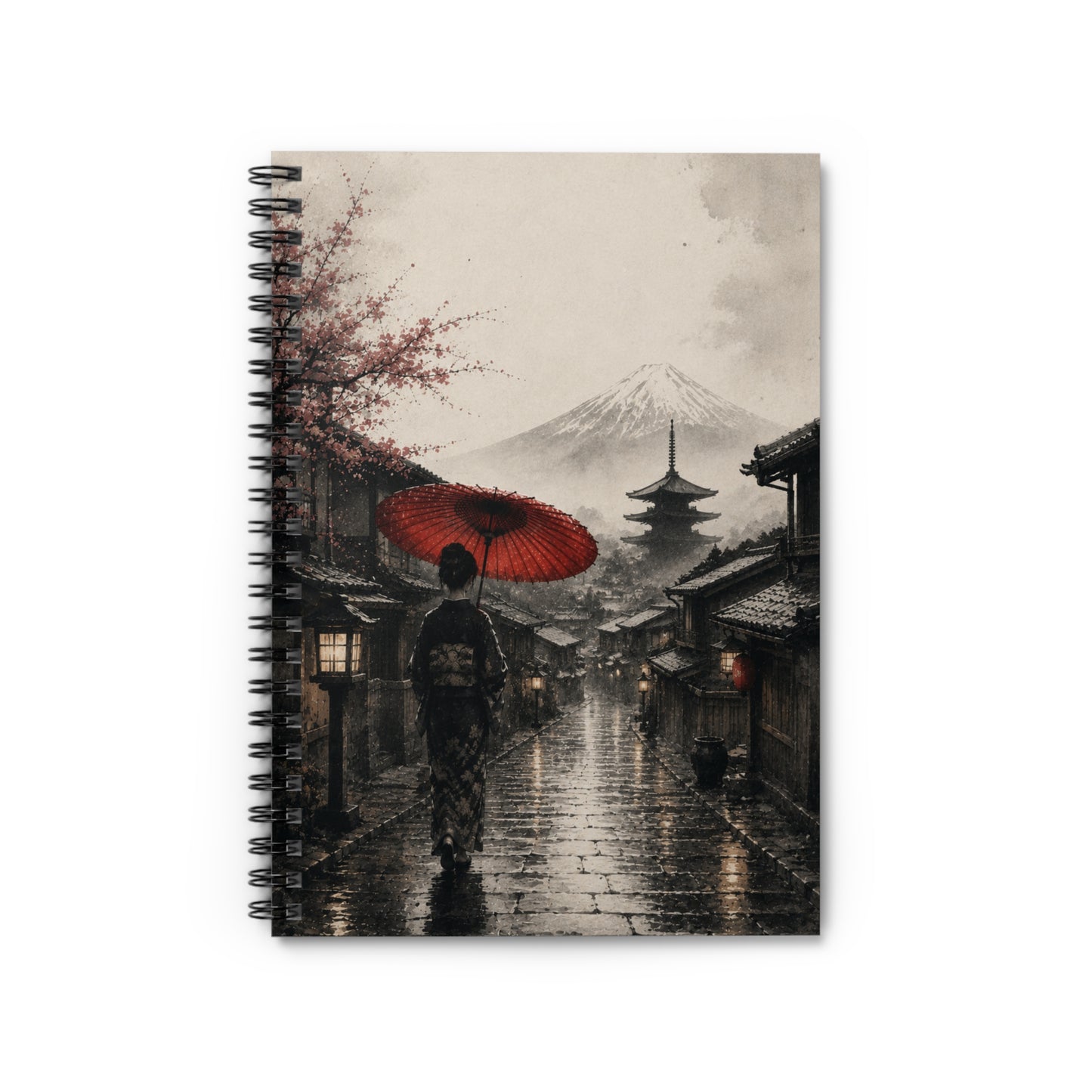 Japanese Street Scene Notebook — Sakura, Geisha & Mount Fuji Spiral Journal