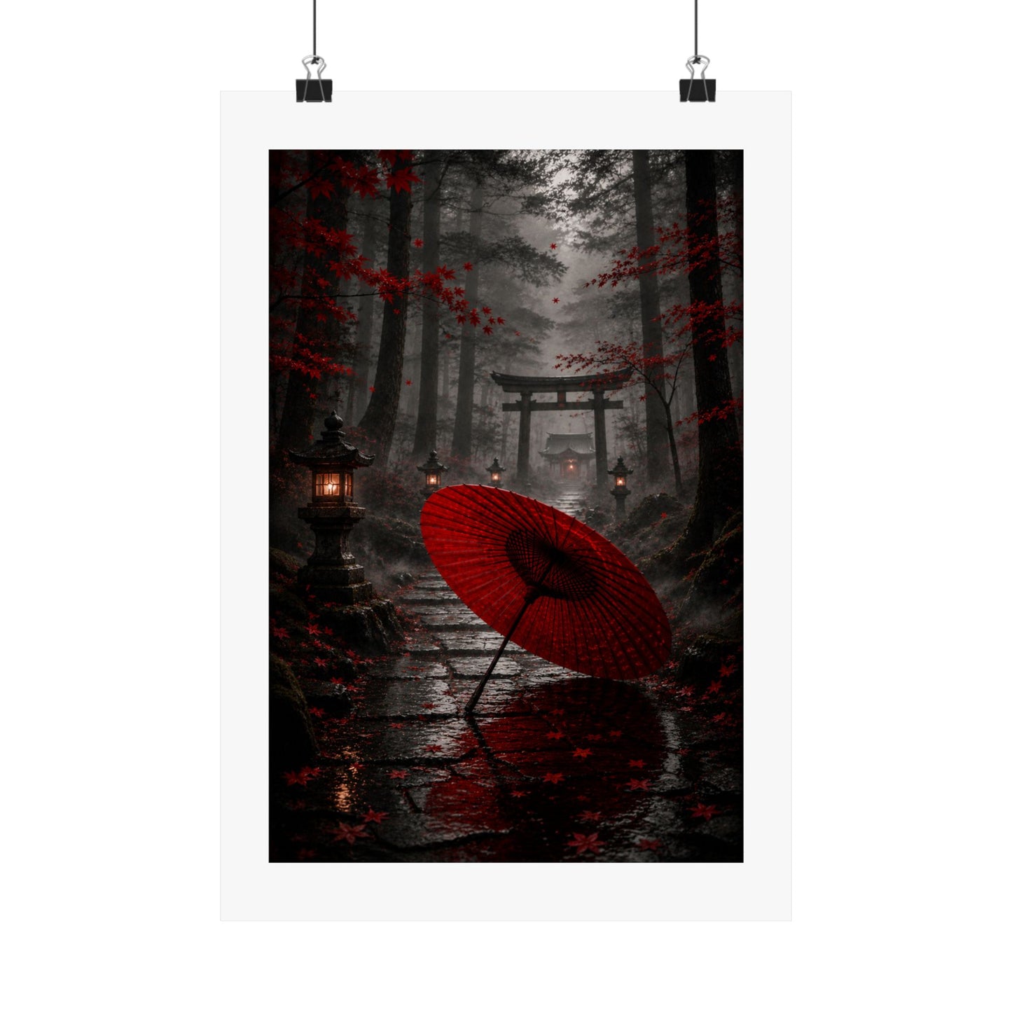 Japanese Torii Forest Poster — Red Umbrella Matte Vertical Art Print
